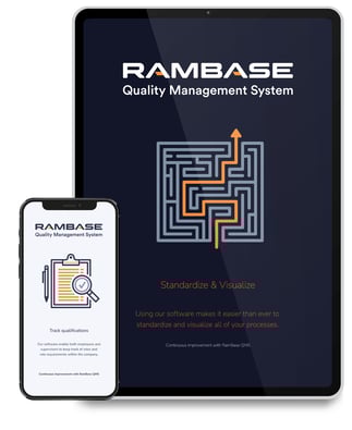 RAMBASE Quality Management System displayed on tablet and smartphone, showcasing features for process standardization and qualification tracking