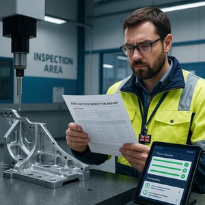 A highdetail photorealistic image of a British aerospace manufacturing inspection scene a quality engineer in hivis and safety glasses reviewing a pri